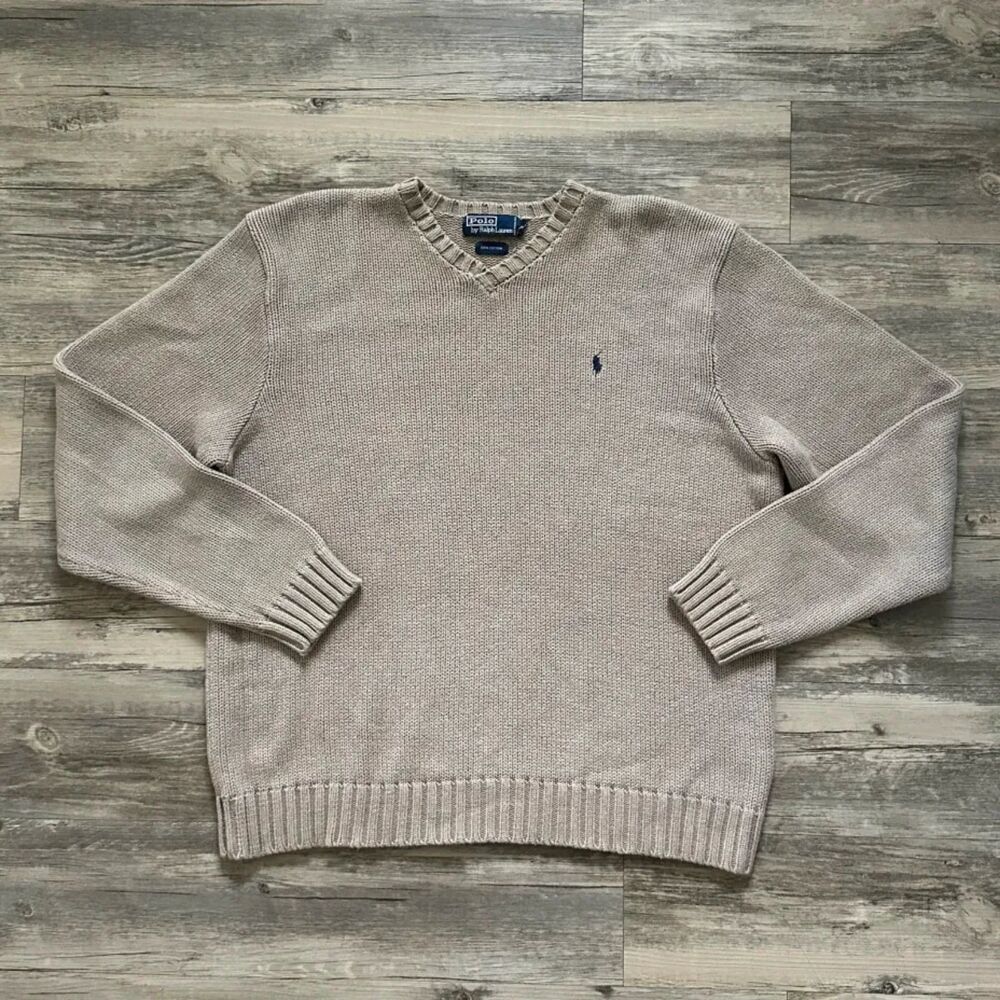 Vintage Polo Ralph Lauren Beige V-Neck Knitted Sweater Size XL